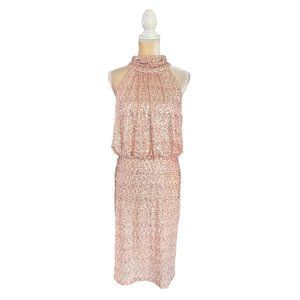 Eliza J Sequinned Blouson Shift Dress Size 14 Rose Gold Halter Neckline